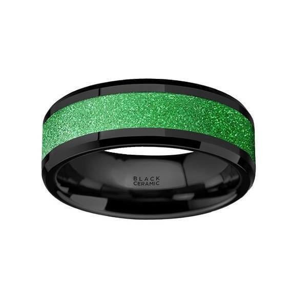 Black Ceramic Wedding Ring Sparkling Green Inlay Beveled Polished Finish - 8mm