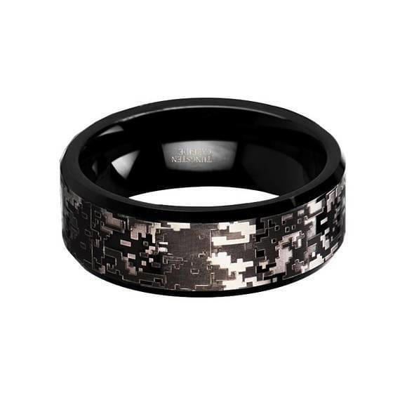 Black Digital Camo Tungsten Wedding Ring Beveled Polished Finish - 8mm
