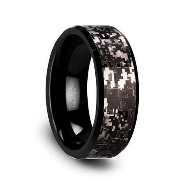 Black Digital Camo Tungsten Wedding Ring Beveled Polished Finish - 8mm
