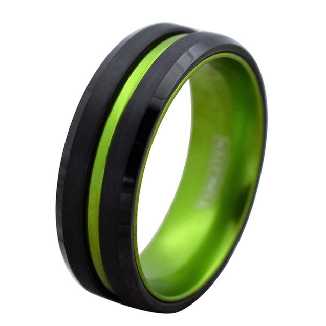 Black Tungsten Carbide Ring with Lime Green Grooved Center & Inside 6mm 8mm