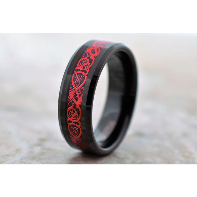 Black Tungsten Carbide Ring With Red Celtic Dragon Design Pattern 6mm & 8mm