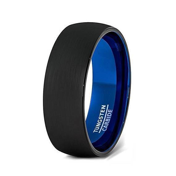 Black Tungsten Wedding Band With Deep Blue Inside and Brushed Finish - 6mm & 8mm