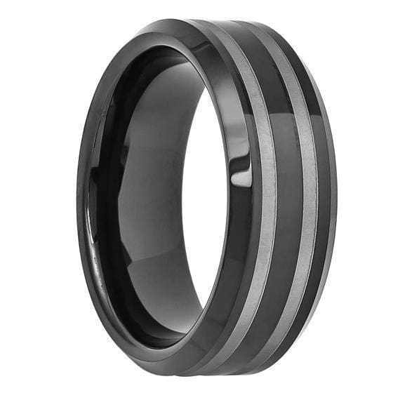 Black Tungsten Wedding Ring High Polish Double Line Groove & Beveled Edges - 8mm