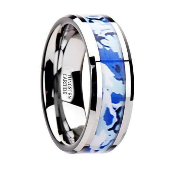 Blue and White Camouflage Tungsten Wedding Ring Beveled Polished Finish - 8mm