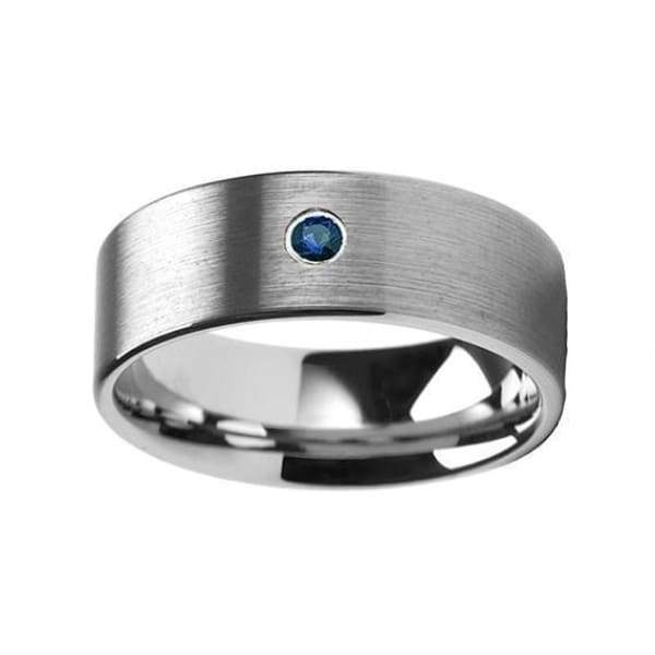 Blue Diamond Silver Tungsten Wedding Ring Flat Brushed with 1 6mm & 8mm