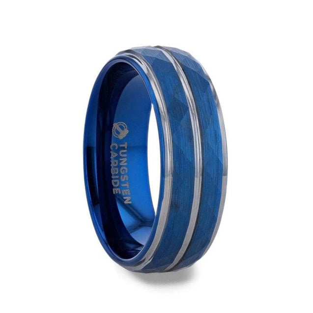 Blue Ion Plated Tungsten Carbide Men’s Ring Faceted Center Stepped Edges - 8mm
