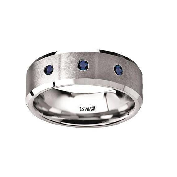 Blue Sapphires Silver Tungsten Wedding Ring Brushed Beveled Edges with 3 - 8mm
