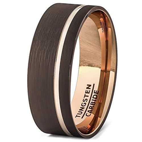 Brown Tungsten Wedding Ring Brushed With Thin Side Rose Gold Groove Flat Edge - 8mm