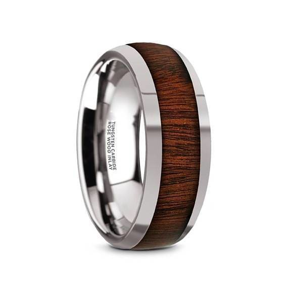 Caden Domed Tungsten Carbide Wedding Band With Rose Wood Inlay For Him - 8 mm