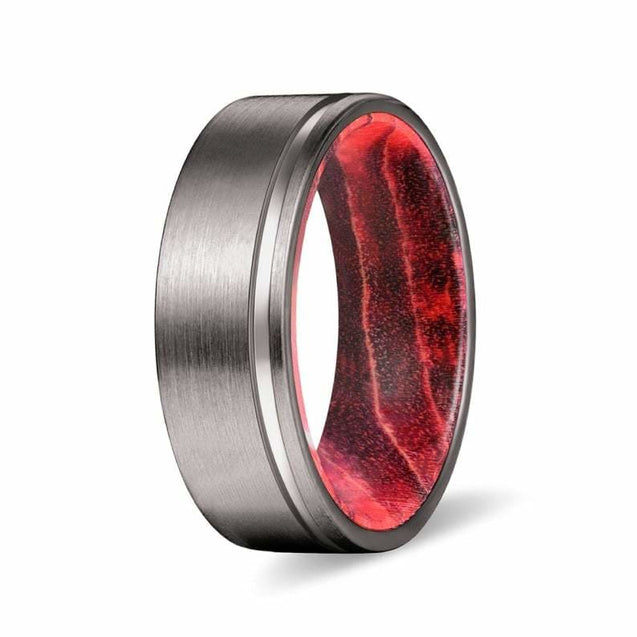 CAIRO Pipe Cut Men’s Grooved Tungsten Ring with Black Red Elder Wood Sleeve 8mm