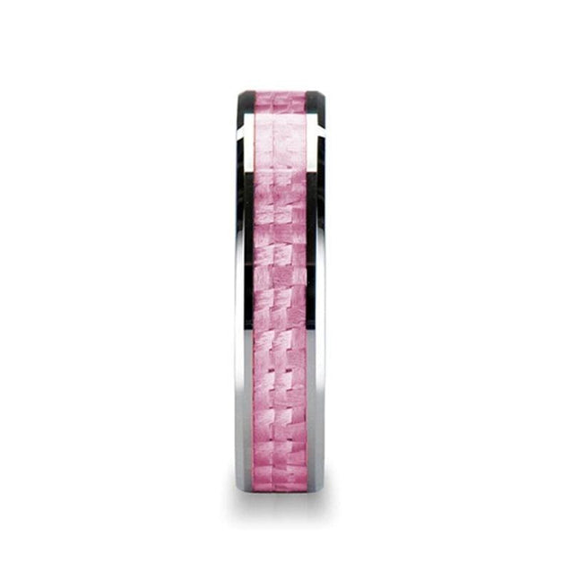 CARISE Pink Carbon Fiber Inlaid Beveled Tungsten Wedding Band 4mm - 6mm