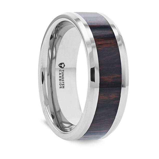 CATO Mahogany Wood Inlaid Tungsten Ring With Polished Beveled Edges – 8mm