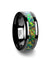 Ceramic Black Wedding Ring Blue & Orange Opal Inlay Beveled Polished Finish - 8mm