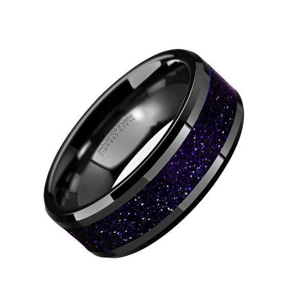 Ceramic Black Wedding Ring Purple Goldstone Inlay Beveled Polished Finish - 8mm