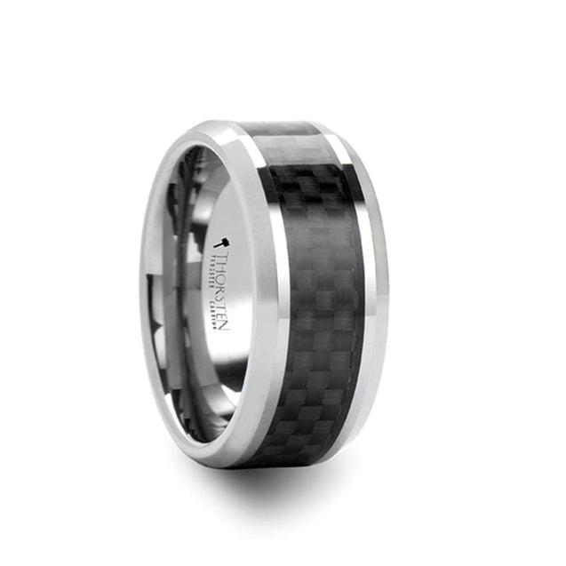 CHALCIS Men’s Black Carbon Fiber Inlaid Tungsten Carbide Ring - 10mm