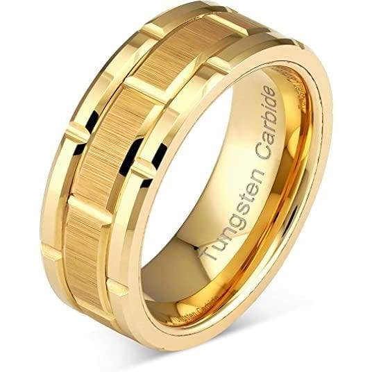 Columbus Grooved Brushed Tungsten Carbide Ring Yellow Gold Brick Pattern - 8mm