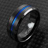 Corey Black & Blue Tungsten Wedding Band Ion Plated Stripe and Beveled Edges 6mm 8mm