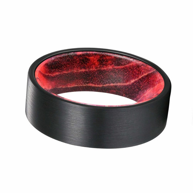 DALLON Flat Black Tungsten Ring with Red/Black Box Elder Wood Sleeve 8mm