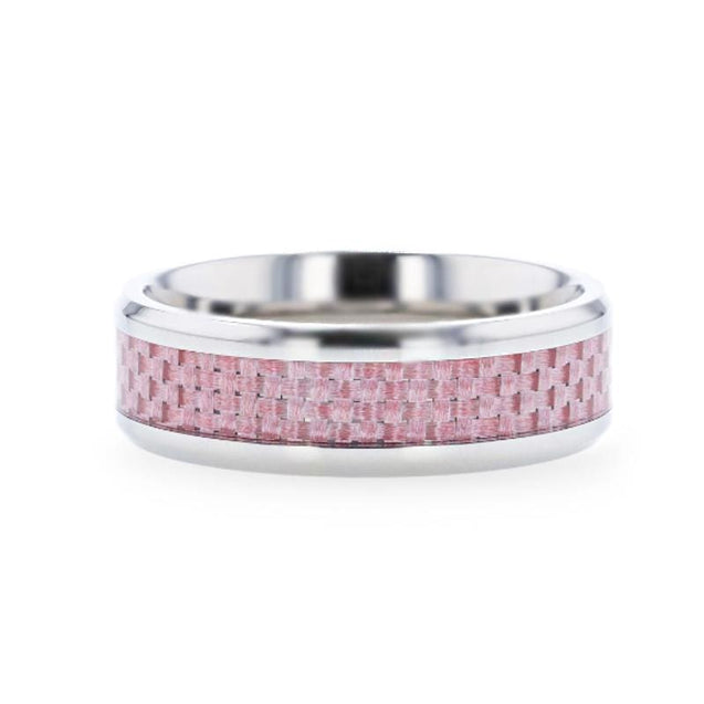 DALTON Pink Carbon Fiber Inlaid Titanium Men’s Wedding Ring Beveled Edges 8mm