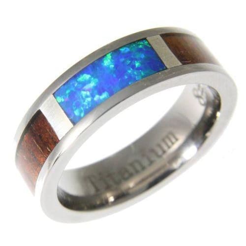 Damarion Titanium Band Genuine Hawaiian Koa Wood Inlay Opal Comfort Fit Ring - 6mm