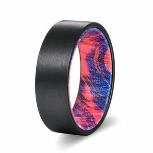 DANTON Men’s Flat Black Tungsten Ring with Red/Blue Box Elder Wood Sleeve 8mm