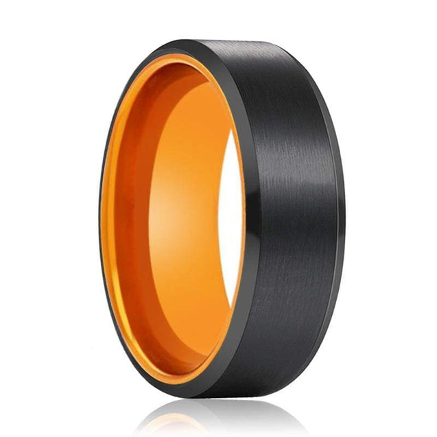DELTA Beveled Black Brushed Tungsten Carbide Ring Orange Inside 6mm & 8mm