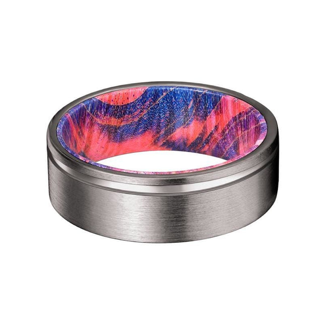 DEVO Men’s Grooved Tungsten Ring with Red & Blue Box Elder Wood Sleeve 8mm