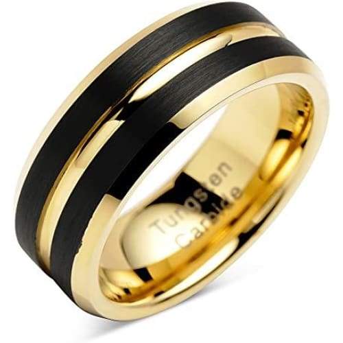 Dillon Grooved Yellow Gold Inlaid Men’s Tungsten Carbide Wedding Band - 8mm