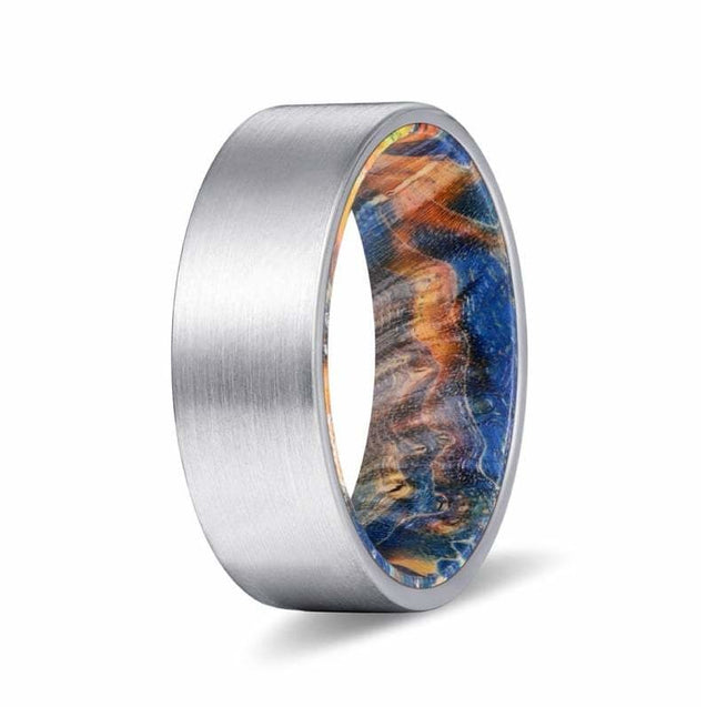 DIONOS Pipe Cut Tungsten Ring with Blue & Yellow box Elder Wood Sleeve 8mm