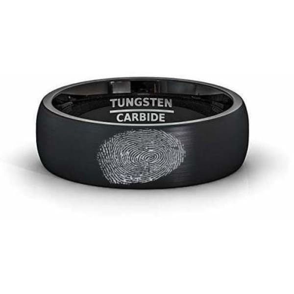 Domed Finger Print Engraved Black Tungsten Wedding Ring With Brushed Center - 8mm