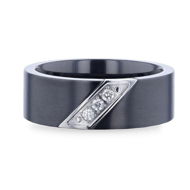 DOVER Black Titanium Ring With Small Silver-Coated Diagonal Design & A Set Of 3 Diamonds