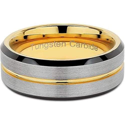 Duxbury Grooved Yellow Golad Inlaid Brushed Center Tungsten Carbide Ring - 8mm