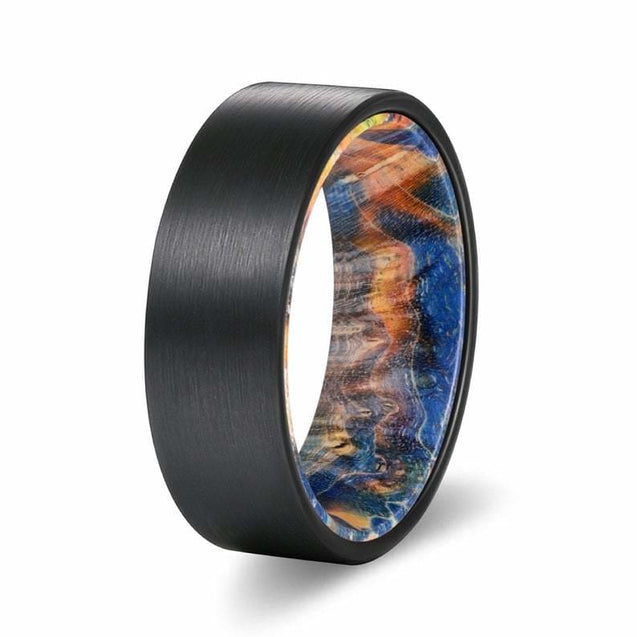 EDEL Black Pipe Cut Brushed Tungsten Ring with Blue & Yellow Box Elder Wood Sleeve