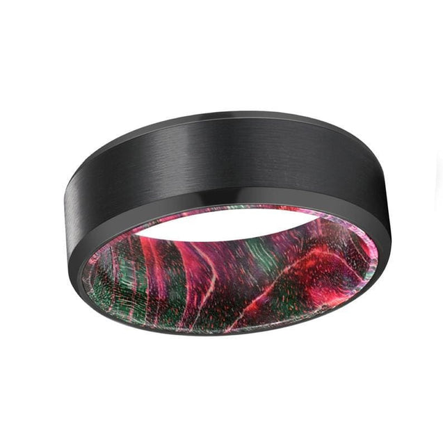 ELKI Black Brushed Tungsten Carbide Ring with Green/Red Box Elder Wood Sleeve 8MM