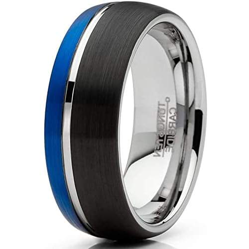 Elko Domed Mens Tritone Tungsten Carbide Wedding Band Thin Grooved - 8mm
