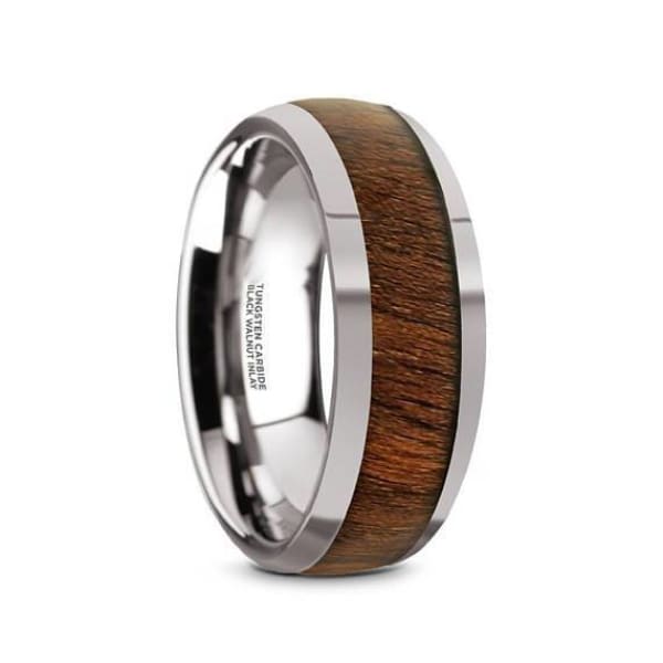 Exotic Black Walnut Wood Inlaid Domed Tungsten Ring With Polished Edges For Him- 8 mm