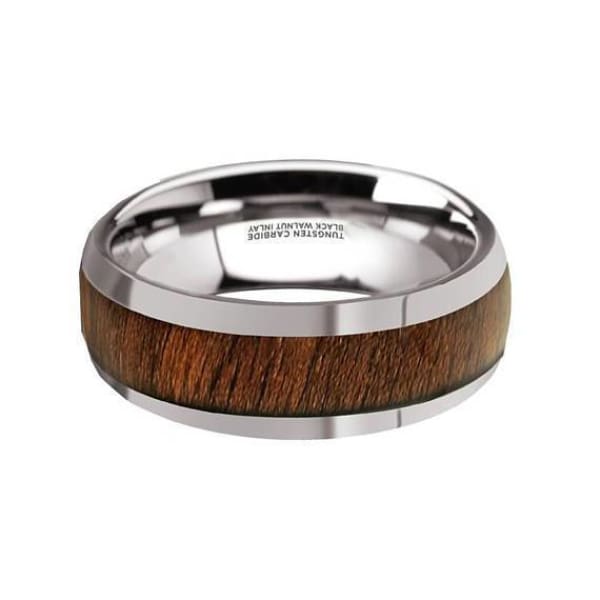 Exotic Black Walnut Wood Inlaid Domed Tungsten Ring With Polished Edges For Him- 8 mm