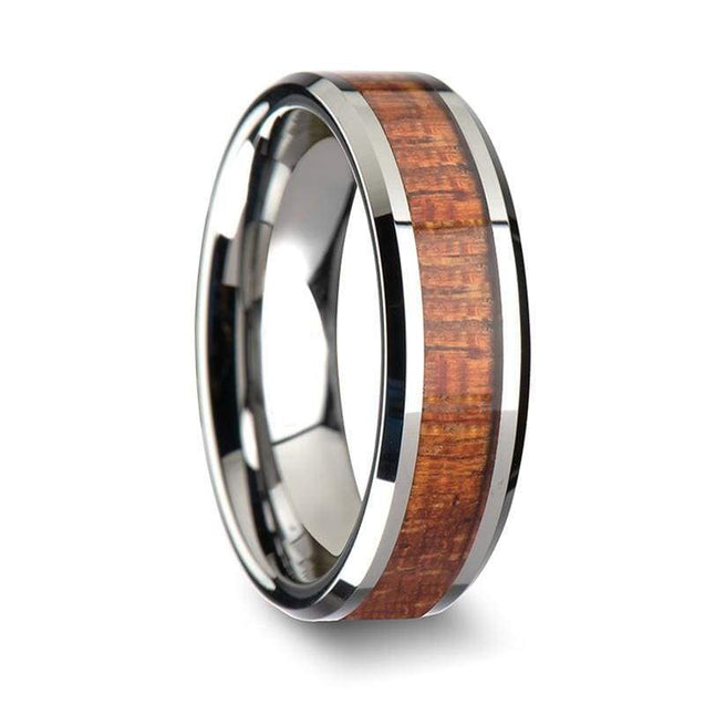 Exotic Mahogany Hard Wood Inlaid Tungsten Ring With Beveled Edges 4mm-10mm