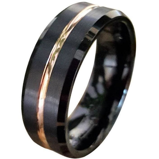 Exquisite Black Tungsten Ring W/ Ion Plated Rose Gold Stripe & High Polished Beveled Edges 6mm 8mm