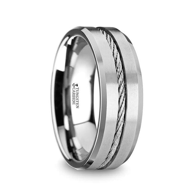 FABIUS Men’s Tungsten Ring With Steel Wire Cable Inlay & Beveled Edges - 8mm