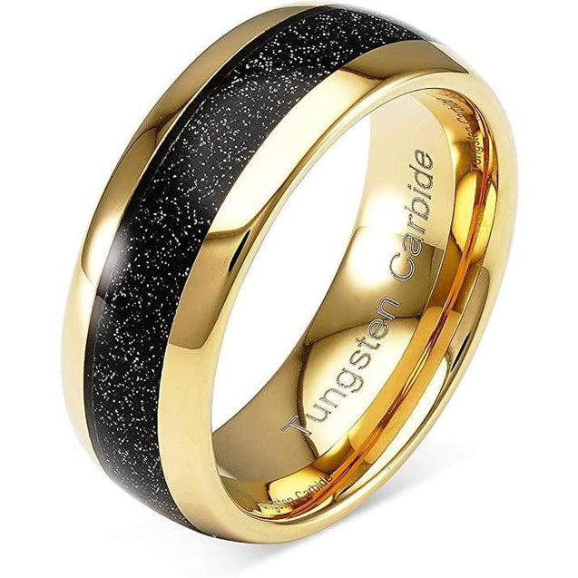 Ferguson Domed Yellow Gold Plated Tungsten Ring Black Sandstone Inlay- 8mm