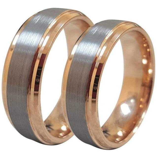 GAEL Tungsten Carbide Ring Grey Brushed Center and Rose Gold Stepped Edges 6mm & 8mm