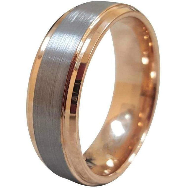 GAEL Tungsten Carbide Ring Grey Brushed Center and Rose Gold Stepped Edges 6mm & 8mm