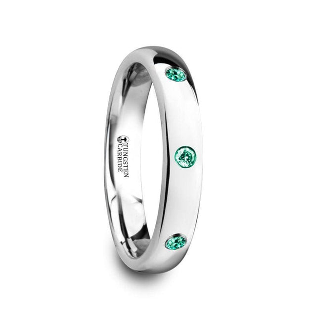 GALA Women’s Domed Tungsten Ring With 3 Green Emeralds Setting - 4mm