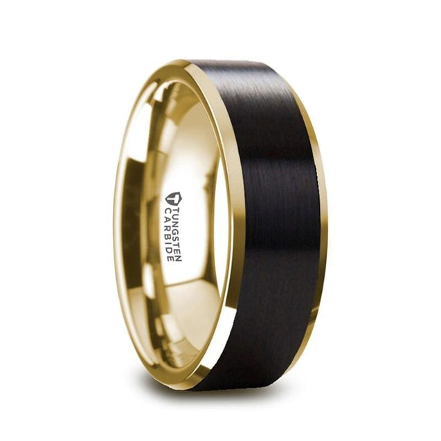 GALENO Beveled Gold Plated Tungsten Wedding Band Brushed Black Center - 8mm