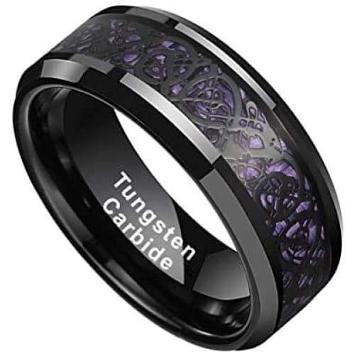 Genoa Black Tungsten Ring Celtic Dragon Pattern Purple Carbon Fiber Inlay - 8mm