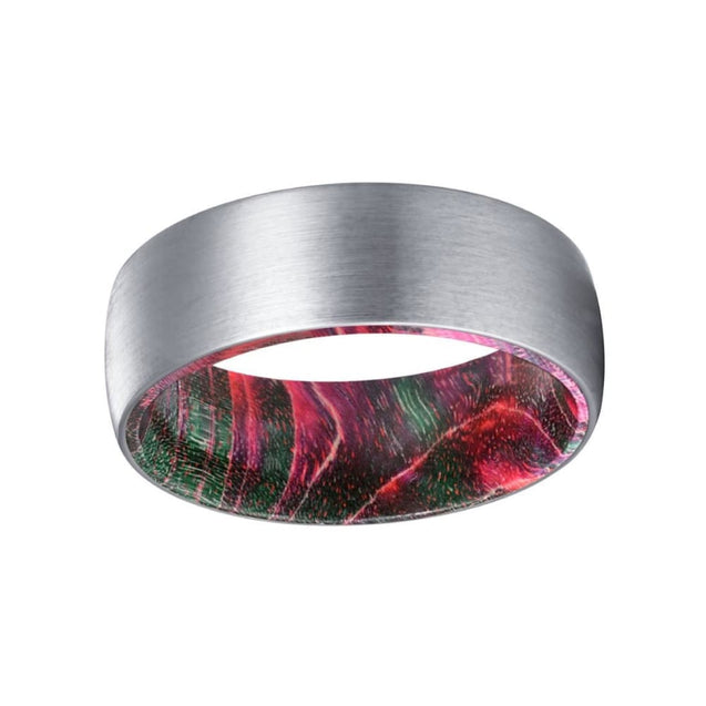 GENT Men’s Domed Tungsten Ring with Red & Green Box Elder Wood Sleeve 8mm