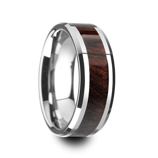 Genuine Bubinga Wood Inlaid Tungsten Carbide Ring With Beveled Edges 8mm