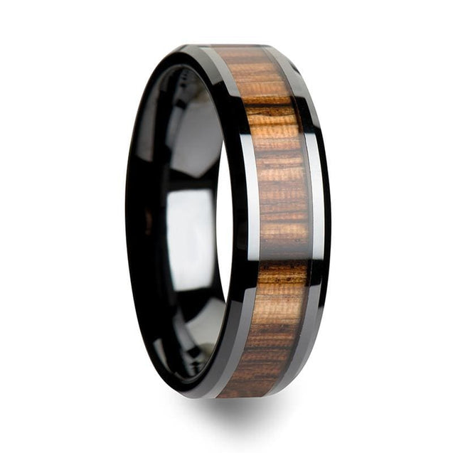 Genuine Zebra Wood Inlaid Black Ceramic Wedding Band For Men & Women 4mm-10mm