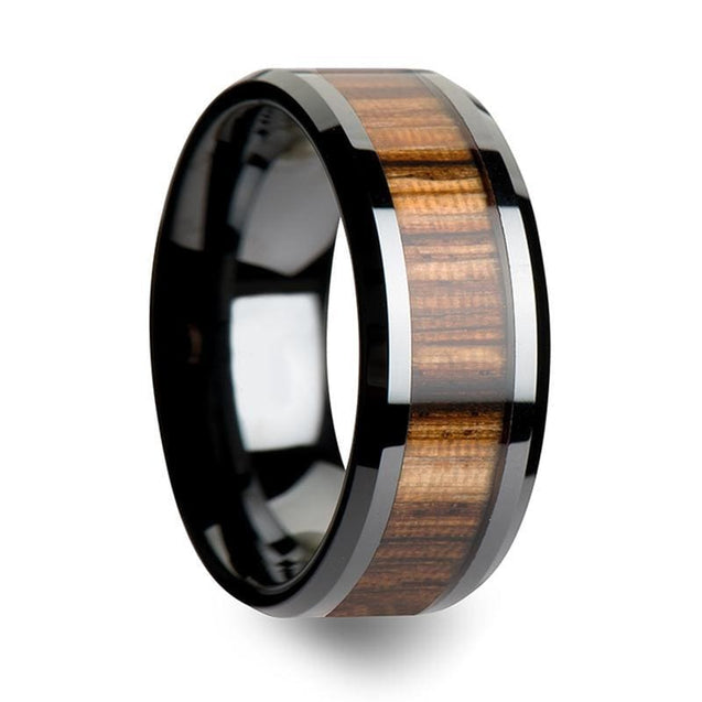 Genuine Zebra Wood Inlaid Black Ceramic Wedding Band For Men & Women 4mm-10mm